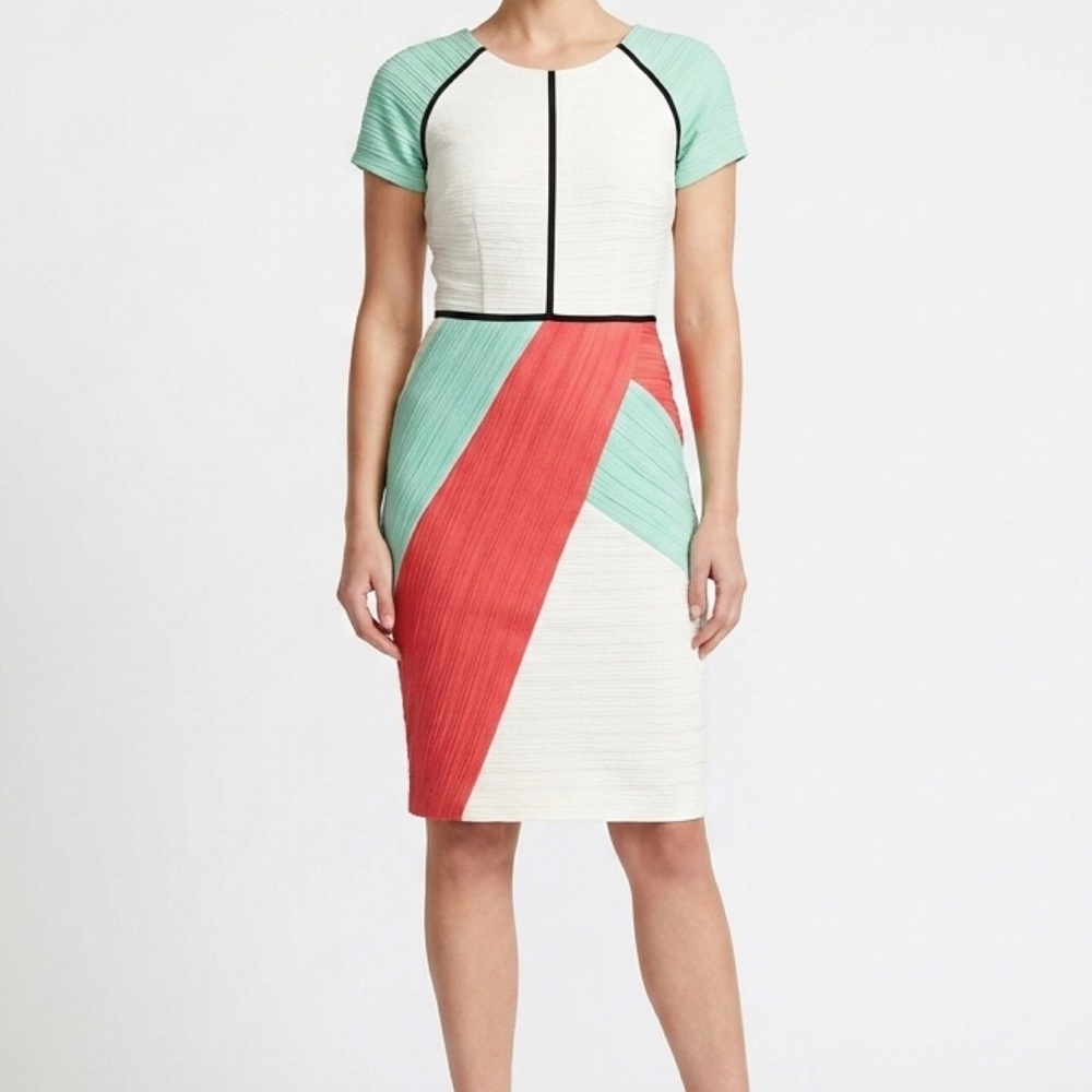 Anthropologie Maeve Color Blocking Geometric Mint Green Coral Cream Pencil Dress